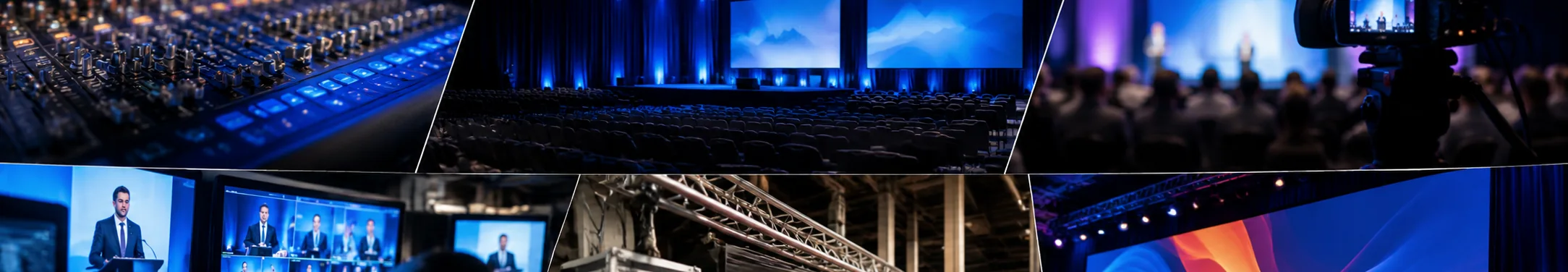 Collage of Riverwest audio, lighting, video, live streaming, production support, and event graphics