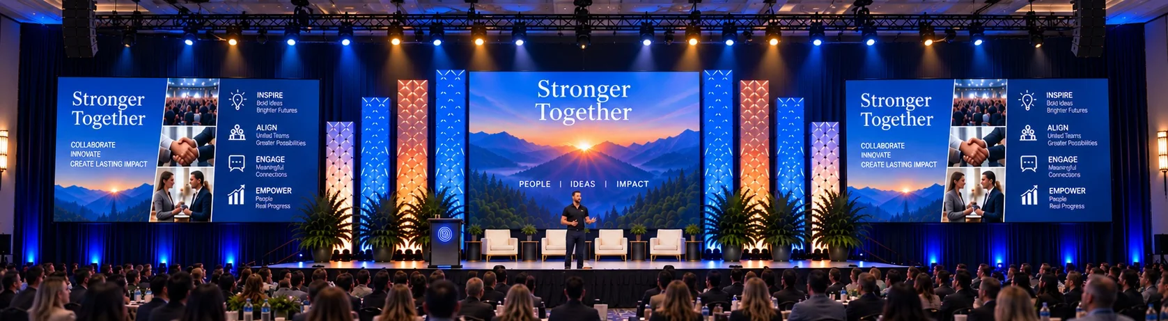 Corporate general session stage and audience during pre-production planning