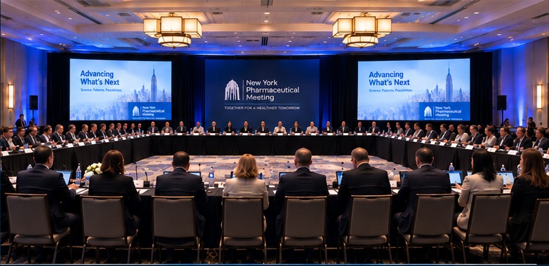 New York Pharmaceutical Meeting conference production with attendees seated around the meeting table and presentation screens