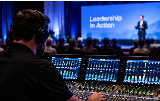 Audio engineer operating a digital mixing console